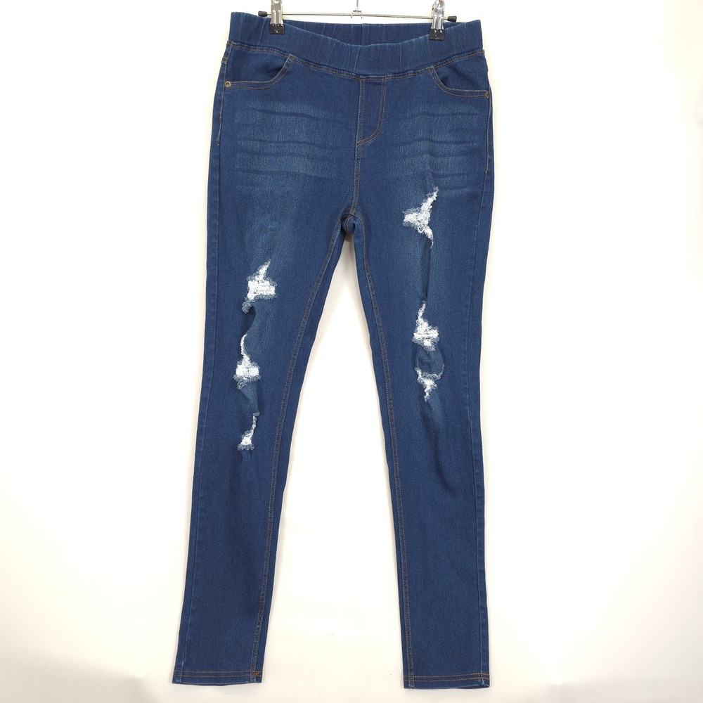 JVINI Fashion Jeggings Distressed Skinny Jeans Pull On Blue Stretch Women M